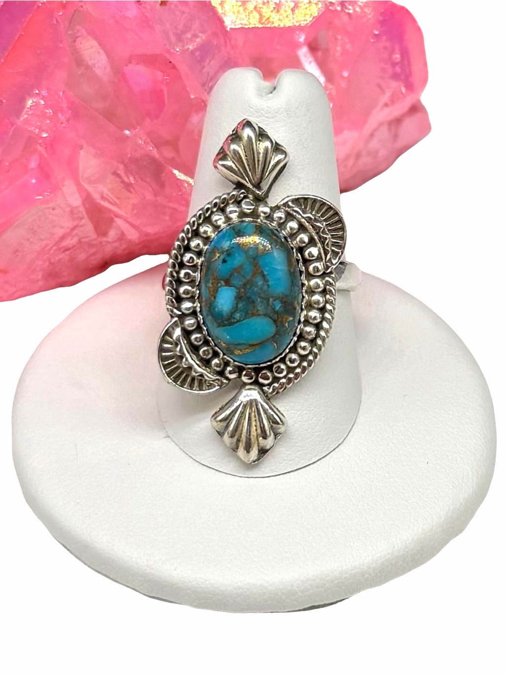 Kingman Copper Turquoise Ring Solid 925 Sterling Silver Adjustable Size 7 - 9